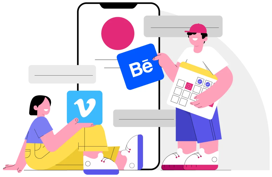 Um homem segurando um ícone do Behance ao lado de uma mulher segurando um ícone do Vimeo em frente à um celular na página de Link na bio.